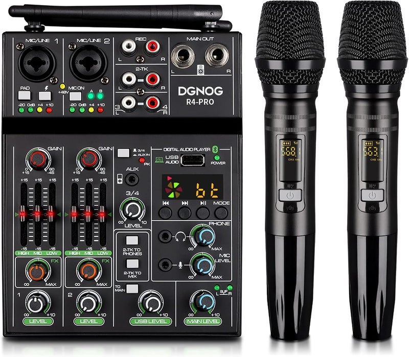 DGNOG Professional Audio Mixer, 4 Channel Sound Mixer With Dual Wireless Mic, Sound Board Console MP3 Bluetooth 48V Phantom Power USB Interface DJ Mixing for Home Karaoke Party Computer Studio Recording - Image 1